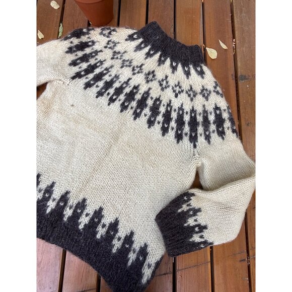 70s Cardigan Sweater Wool Mohair Ivory Brown Nordic Islandic 1970s Fair Isle - Picture 15 of 16